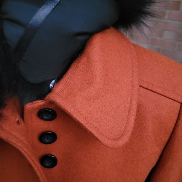Henig Furs Rust Ochre Burnt Orange Wool Blend Foat with Genuine Fox Collar 4 6 - Picture 8 of 11